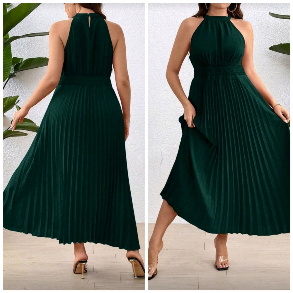 New Chic Halter Pleated Dress PLUS Sleeveless Green